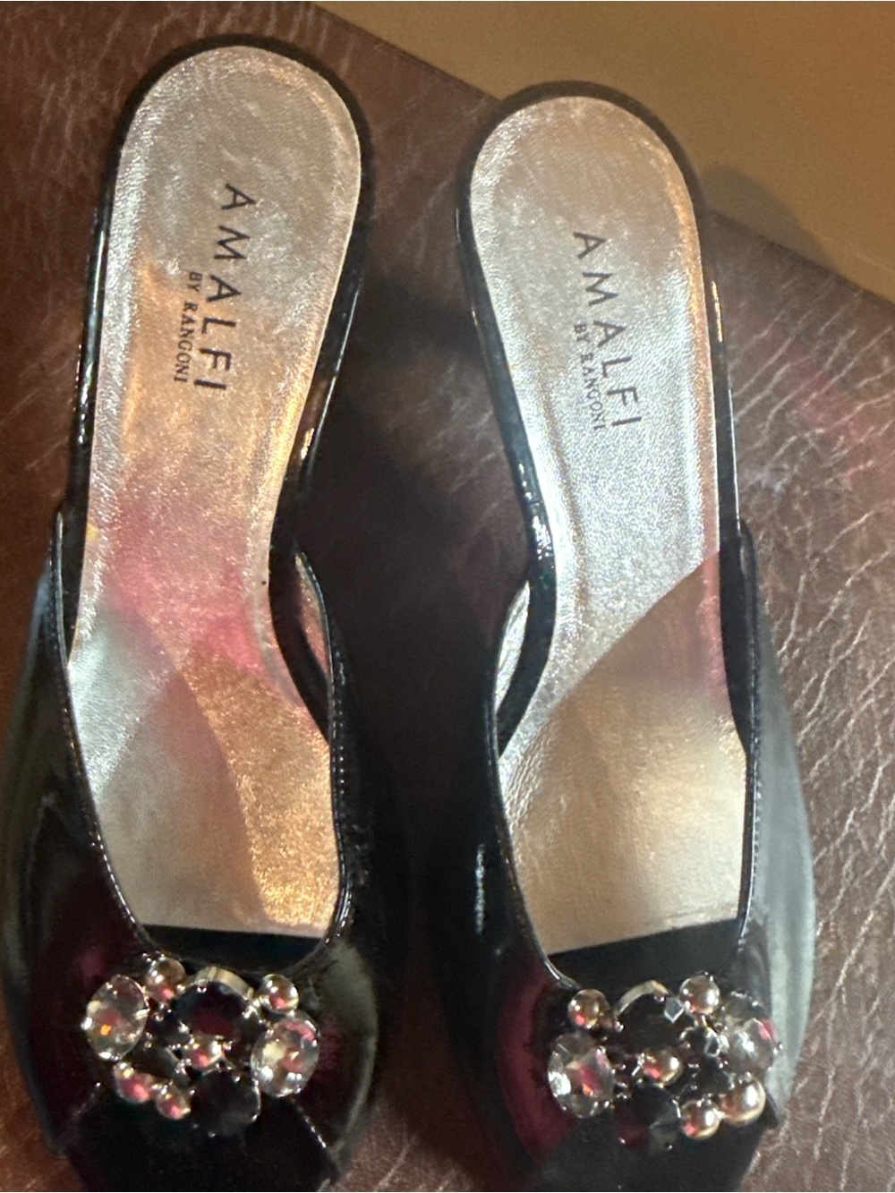 AMALFI Black Patent Slip-On Mules with Crystal Cluster